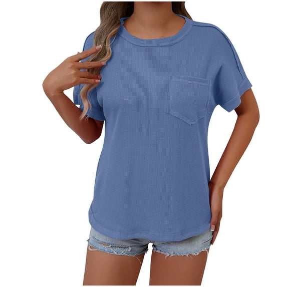 Abomasnow Women's Ribbed Tops 2025 Casual Short Sleeve Crew Neck Knit T-Shirts Summer Solid Color Tops with Front Pockets