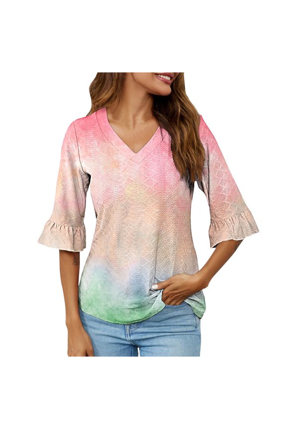 Clothes Women Womens Fall Tops Dressy Fashion Split Flare Sleeves V-Neck Casual Loose T-shirt Top