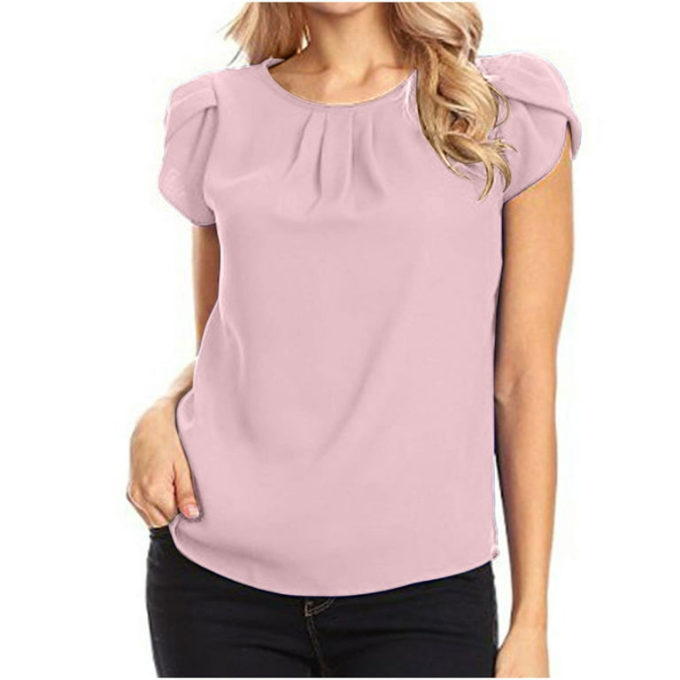 Clearance Clothes Women's Chiffon Solid Color Short Sleeve Round Neck  Casual Shirt Short Sleeve Blouse Comfort Colors Tshirt ,Pink,M 