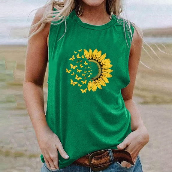 Black*Friday Deals Clearance GaThRRgYP Womens Summer Tops Sleeveless,Women's Floral Fashion Printed Round NeckRound-Neck Tank Green L