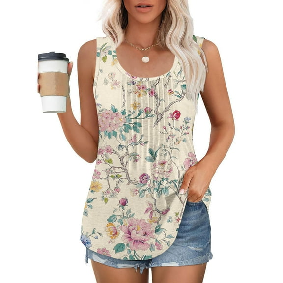 GaThRRgYP Womens Summer Tops Sleeveless,Women's New Loose Casual Crew-neck Pleated Print Fashion Top Multicolor S
