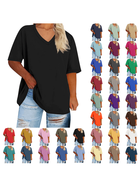 Womens Summer V-Neck T-Shirt Short Sleeve Shirts for Women Tunic Tops Blouse Shirts