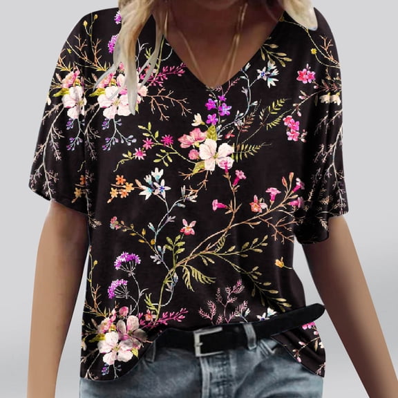 Tbopshirt Women's Fashion Printing Casual V-neck Short Sleeve Loose T-shirt Tops