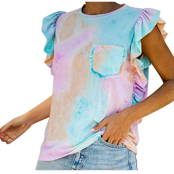 Tbopshirt Womens Spring /Summer Lace Flying Sleeves Round Neck Tie Dyed T-shirt Top