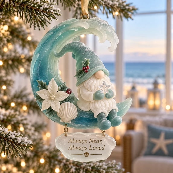 Clearance! Coastal Gnome Wave Moon Acrylic Christmas Ornament, Hanging Christmas Decorations Outdoor Indoor, Nautical Seashell Poinsettia Xmas Keepsake Gift for Christmas Tree & Wreath Holiday Decor
