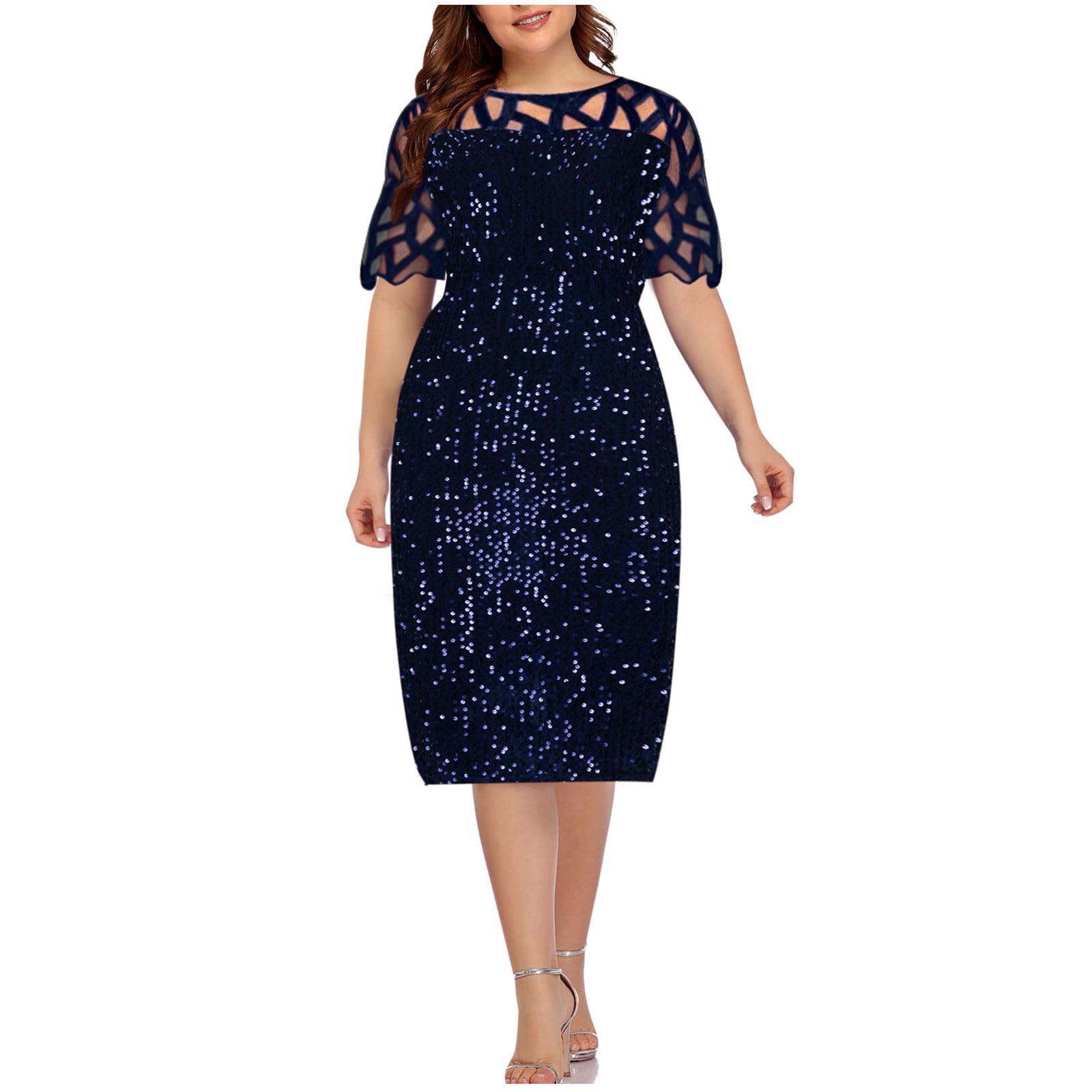 Clearance Cocktail Dresses for Women Puls Size Wrap Round Neck Sequins