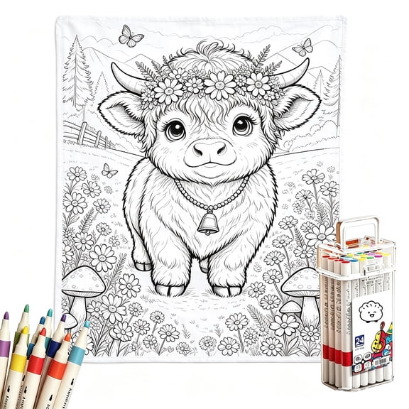Clearance Color Blanket with Markers,Color Your Blankets with Markers,Washable Cozy for Everyday Use & Home Decor,Unique Gift,1:Highland Cow