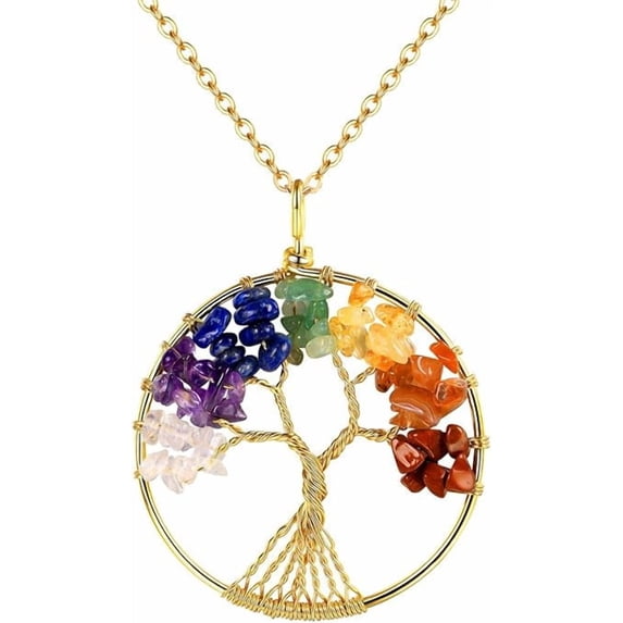 Colorful Crystal Pendant Necklaces for Women Fashion 18k Gold Plated Stainless Steel Tree of Life Necklace Jewelry Gift on Clearance