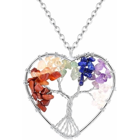 Colorful Crystal Pendant Necklaces for Women Fashion Stainless Steel Tree of Life Heart Necklace Jewelry Gift on Clearance