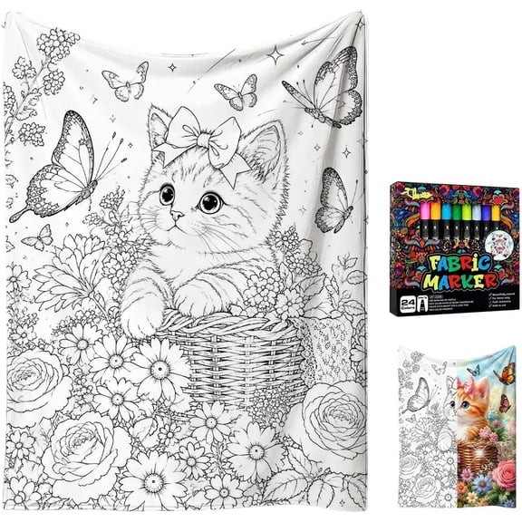 Clearance! Coloring Blankets for Adults IY Coloring Throw with 24 Markers, Soft Double Layer Flannel Art Craft, Washable Creative Activity for Ki*ds Adults, Birthday Christmas Gift 30×40 in