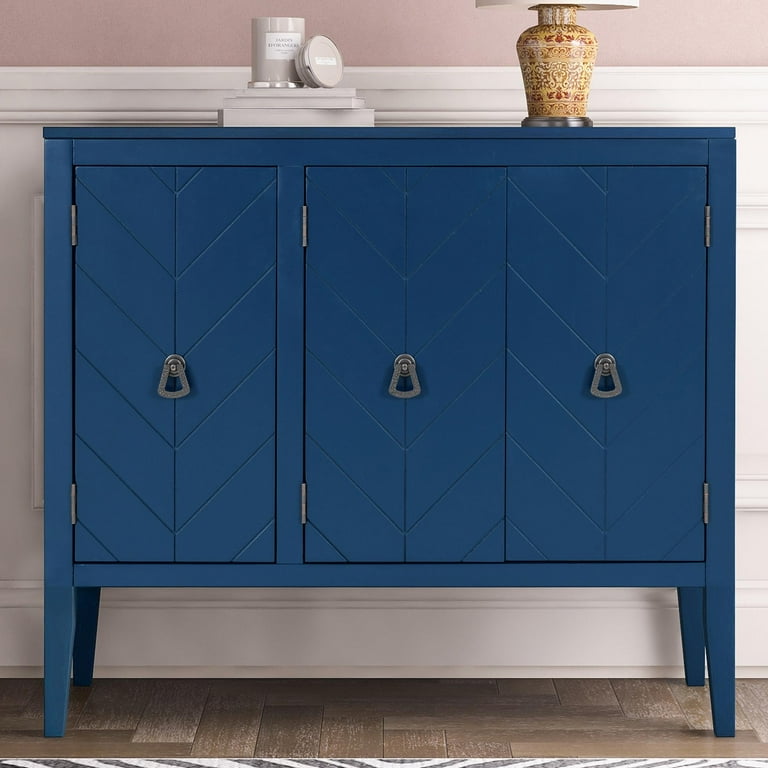 Clearance Console Table with Storage Mid Century Sideboard Buffet Cabinet Blue Wooden Buffet Cabinet 3 Door Accent Cabinet for Living Room