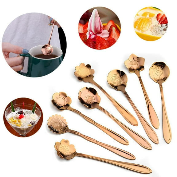 Clearance Cooking Utensils under $5 Flower Spoon Set 8pcs Stainless Teaspoon Rainbow Color For Coffee Tea Mixing Sugar Ice Stir Bar Spoons 8 Diffient Pattern Colorful Cutlery Set Kitchen Tool Gif