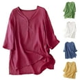 thumbnail image 1 of Cotton Linen Tops for Women 2023 Dressy Casual V Neck Flowy Split Hem Blouse Loose Fit 3/4 Sleeve Beach T Shirts, 1 of 6