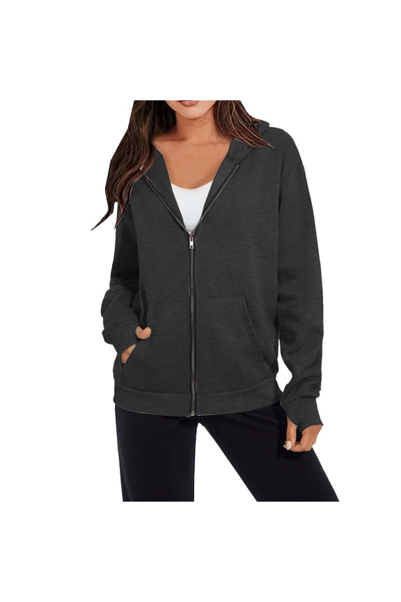 Cotton Long Sleeve Full Zipper Solid Loose Fit Hoodie Sweatshirt Front Pockets Sweat Jackets Women Workout Outwear