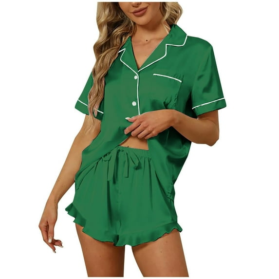 Clothing Cqxid525 2 Piece Lounge Pjs Silk Pajama Set for Women Shorts and Top Summer Sets Satin Button Up Pajamas Comfy 2 Sleepwear Sets Green 1PC