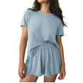 thumbnail image 1 of Cqxid525 2 Piece Lounge Pjs Womens Pajamas 2 Ribbed Knit Short Sleeve Sleepwear Set Blue 2PC, 1 of 4
