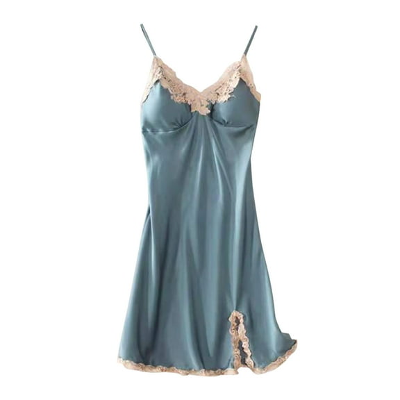 Cqxid525 Nightgowns for Women Womens Nightdress Thin Suspender Ice Silk Pajamas Lace Lace Slit Chest Pad Homewear Lightweight Sleep Shirt Green 1PC