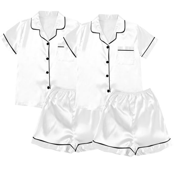 Clothing Cqxid525 Short Sleeve Pj Set Satin Pyjamas Women's Short 4 Piece Pyjamas Short Sleeve Sleepwear and Shorts Set Women Sets Leisure Suit Loungewear White 2PC