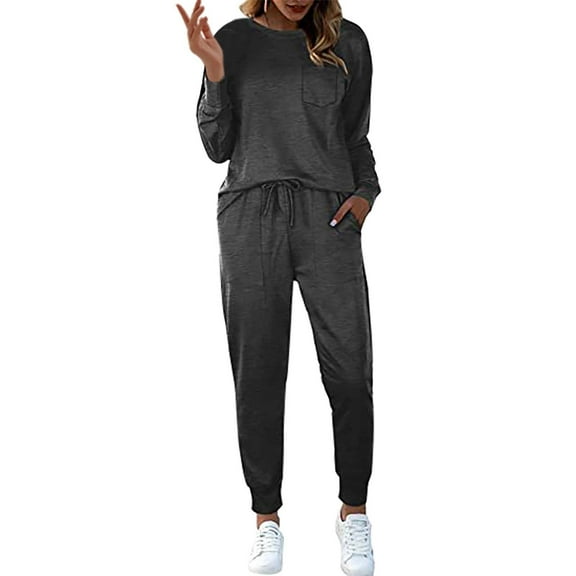 Cqxid525 Summer Sleepwear Shirt Sets for Women 2 Jogger Pajama Long Sleeve Pants Loungewear Sweatsuits Casual Matching Outfits Gray 1PC