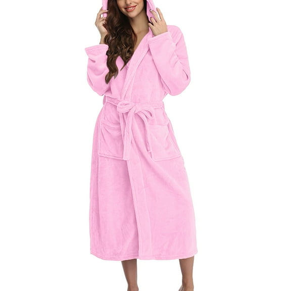 Clearance! Cqxid525 Terry Cloth Robes for Women Women Hooded Bathrobe Lightweight Soft Plush Long Flannel Sleepwear Hooded Bathrobe Plush Long Warm Robe Soft Ladies Sleepwear Pink 1PC