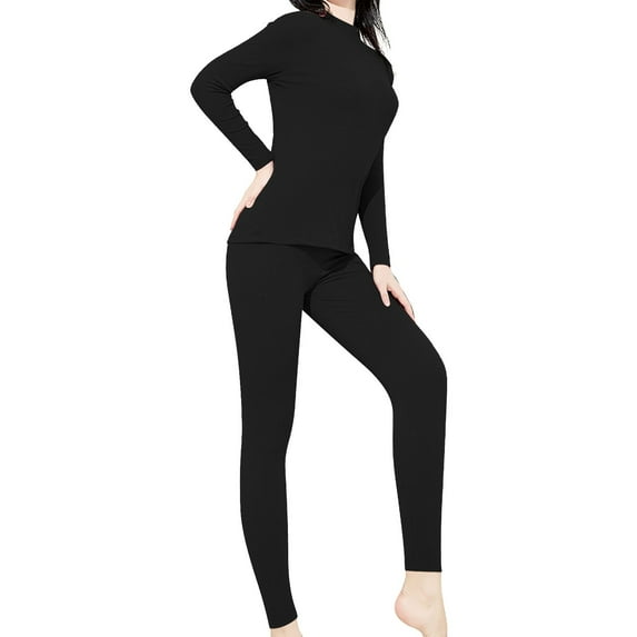 Clearance! Cqxid525 Thermal Underwear Women Ultra-Soft Set Women's Mid Collar Long Sleeve Double Sided Brushed Warm Solid Color Slim Bottom Outer Wear Long Sleeve Thermal Underwear Set Black 1PC