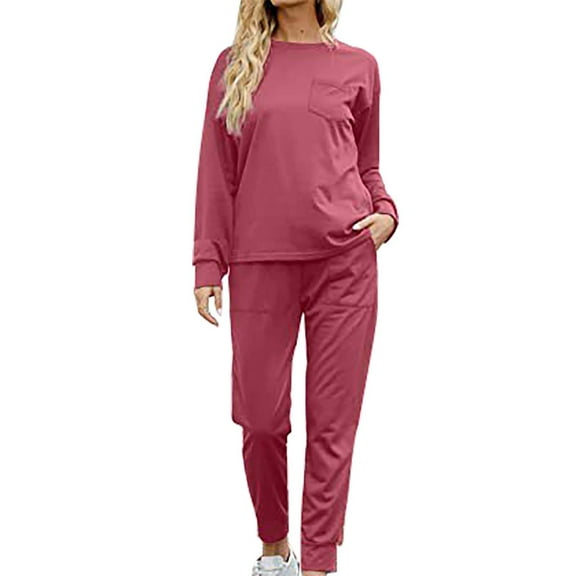 Cqxid525 Women Casual 2 Piece Outfit Sets for Women 2 Jogger Pajama Long Sleeve Pants Loungewear Sweatsuits Casual Matching Outfits Pink 1PC