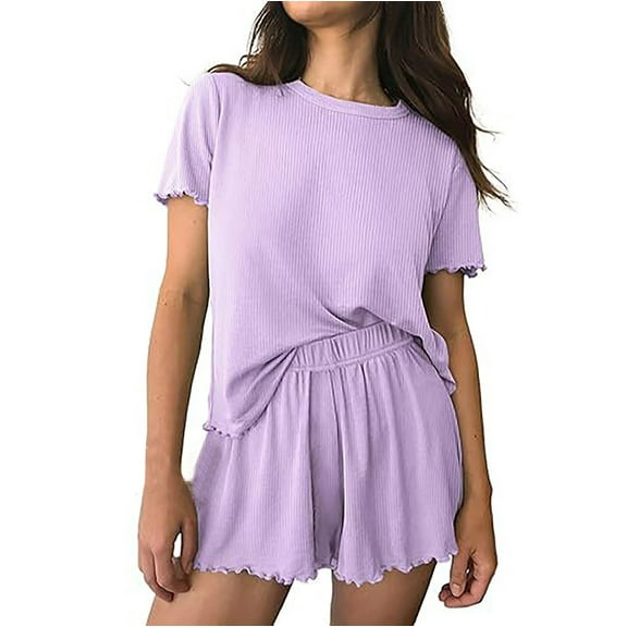 Cqxid525 Women Casual 2 Piece Outfit Womens Pajamas 2 Ribbed Knit Short Sleeve Sleepwear Set Purple 2PC
