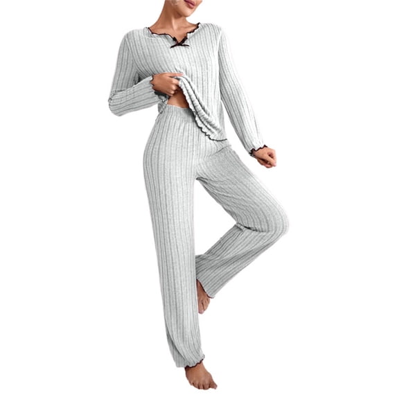 Cqxid525 Women Pajama Sets Ribbed Pajama Sets for Women Pullover V Neck Long Sleeve Sleepwear Matching Comfy Long Pants Outfits Gray 1PC