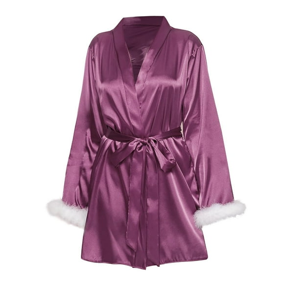 Cqxid525 Women Robes Silk Lace Up Cardigan Bathrobe Pajamas Comfortable Ice and Fun Home Clothes Shower Spa House Long Robe for Women Purple 1PC