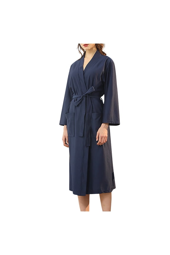 Cqxid525 Women's Lightweight Robe Unisex Pocket Breathable Knee Length Bathrobe Splicing Soft Sleepwear SPA Robe Soft Lightweight Blue 1PC