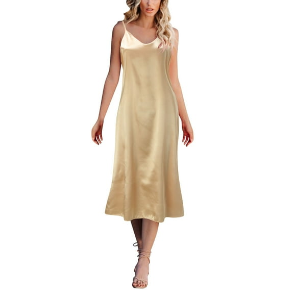 Cqxid525 Women's Nightgown Sleepwear Women Fashion Solid Dress Sleeveless Strap V Neck Dress Loose Dress Home Nightdress Casual Print Sleepdress Gold 1PC