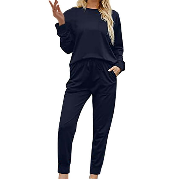Cqxid525 Women's Pajama Set Sets for Women 2 Jogger Pajama Long Sleeve Pants Loungewear Sweatsuits Casual Matching Outfits Blue 1PC