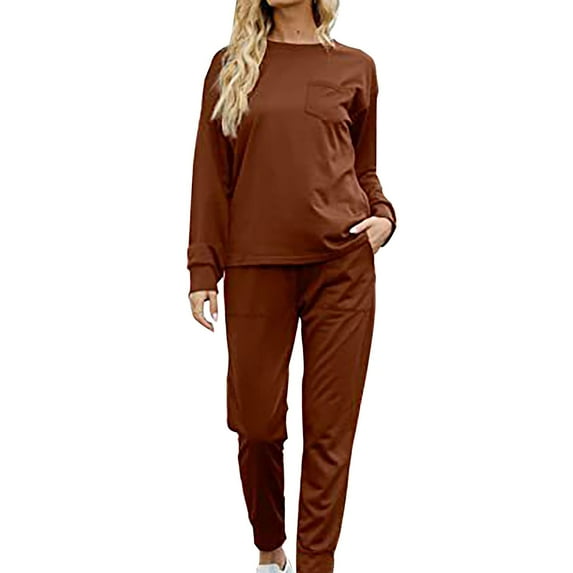 Cqxid525 Women's Pajama Set Sets for Women 2 Jogger Pajama Long Sleeve Pants Loungewear Sweatsuits Casual Matching Outfits Brown 1PC