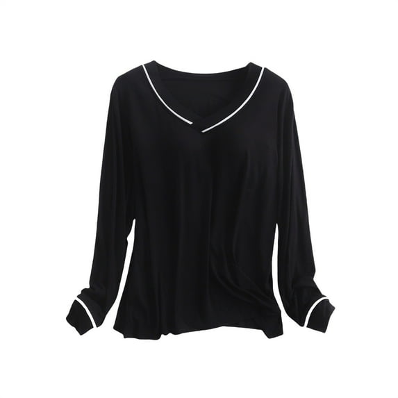 Cqxid525 Women's Sleepwear Women's Long Sleeve Sleep T Shirt Basic Layer Stretchy Shirts Neck Pajama Top Black 1PC