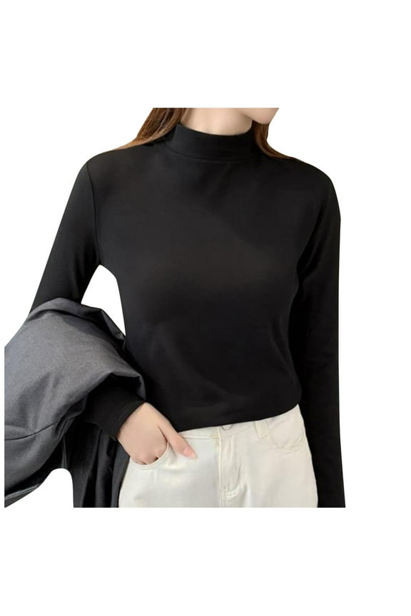 Women's T-Shirts Women Slim Casual Solid Long Sleeve Mock Turtleneck Blouse Tops Slim Fit Stretchy Layer Tee Shirts L Red