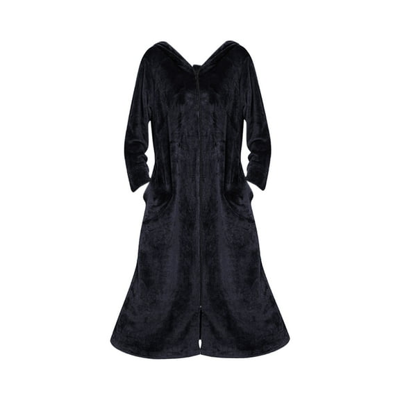 Cqxid525 Womens Plush Soft Robe Women's Flannel Robe Zipper Front Robes Full Length Bathrobe Flannel Robes Winter Warm Housecoat Nightgown Sleepwear Pajamas Black 1PC