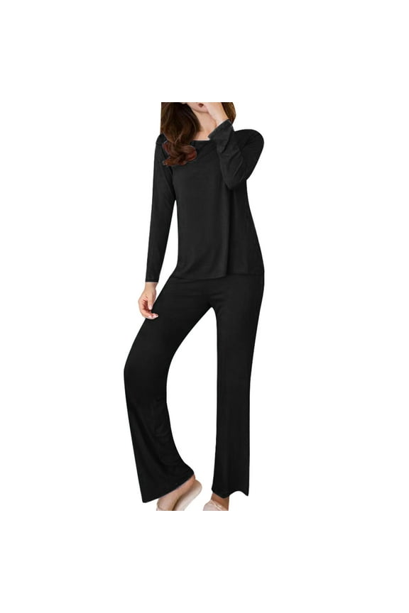 Clothing Cqxid525 Womens Thermal Set Warm Underwear Women Winter Long Sleeve Chest Pad Spring and Autumn Solid Color Base Set Large Size Pajamas Two Piece Set Winter Warm Top & Bottom Black 1PC