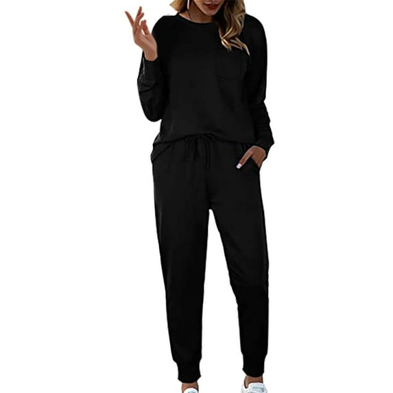 Clothing Cqxid525 women pajama sets Sets for Women 2 Jogger Pajama Long Sleeve Pants Loungewear Sweatsuits Casual Matching Outfits Black 1PC