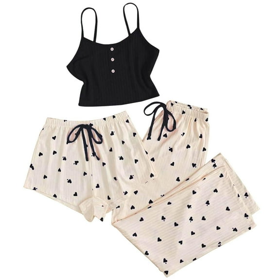 Clearance! Cqxid525 women pajama sets Women's 3 Pieces Pajamas Heart Print Shorts Pants Pj Sets Sleepwear Black 1PC