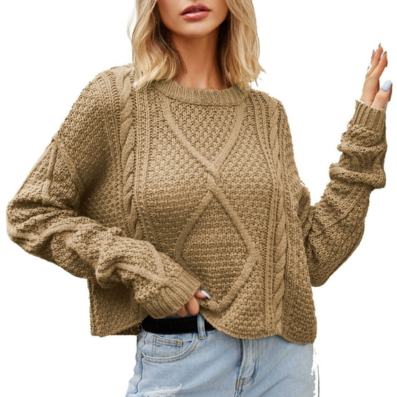 Clearance Cropped Sweater Womens Round Neck Long Sleeve Knit Sweater Solid Color Crochet Sweater Pullover Tops Cozy Outfits