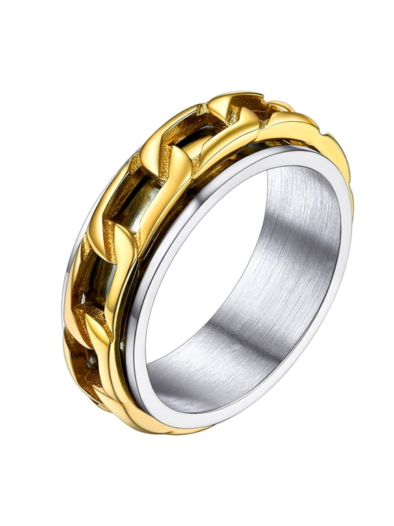 [Clearance]Cuban Link Chain Ring Rotatable Fidget Ring Two-tone Spinner Ring Stainless Steel Band for Anxiety for Men Women