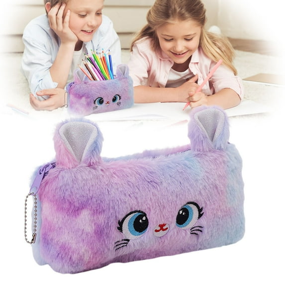 Clearance Cute Pencil Pouch | Fashionable Soft Plush Cat Pen Pouch Case Gradient Colors Large Capacity Pencil Organizer Smooth Zipper Stationery Storage Bag