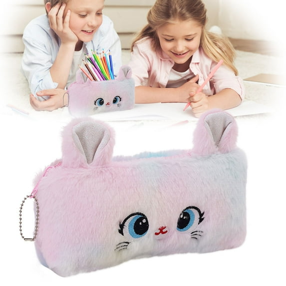 Clearance Cute Pencil Pouch | Fashionable Soft Plush Cat Pen Pouch Case Gradient Colors Large Capacity Pencil Organizer Smooth Zipper Stationery Storage Bag