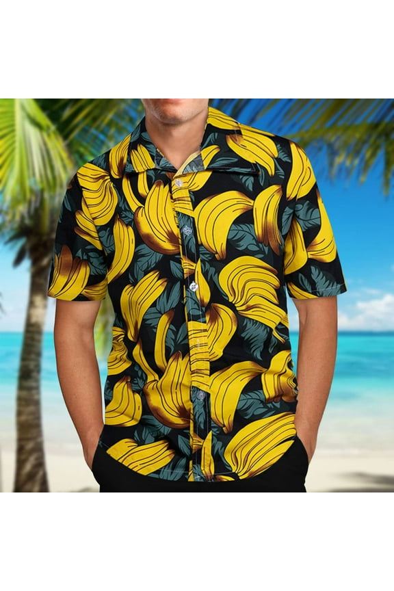 Clearance Cyber&Monday Clearance Under $20 Fayshow0 Men'S Hawaiian Print Lapel Short Sleeve Shirt,Yellow Xxxxl