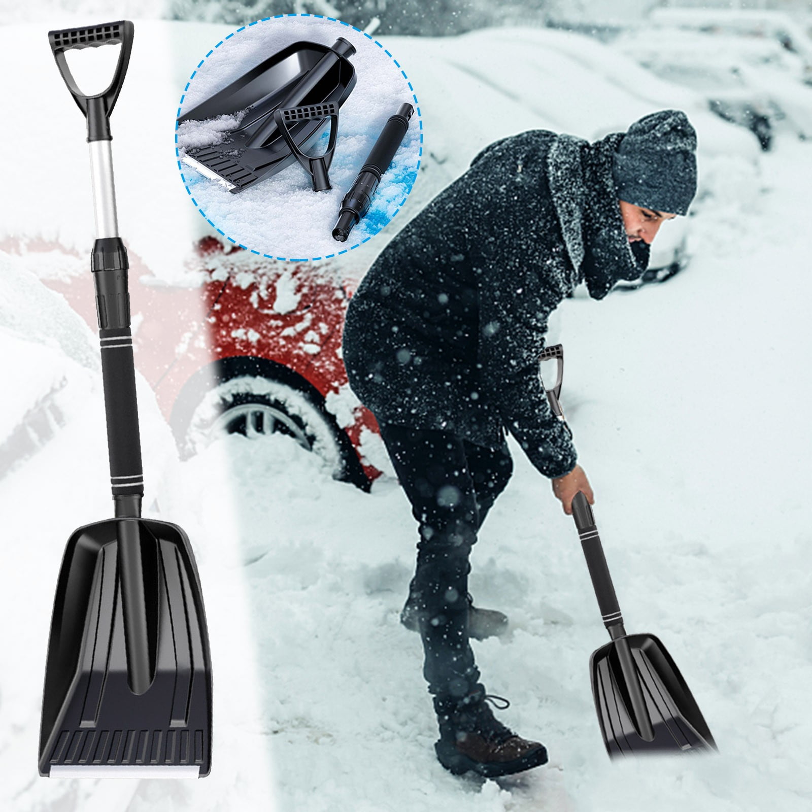 Clearance Czzoypi Snow Shovel (Black), Shovel Winter Snow Removal Shovel With Detachable Installation Snow Shovel Set, Thickened And Enlarged Snow Removal Push Snow Shovel, Car Mounted