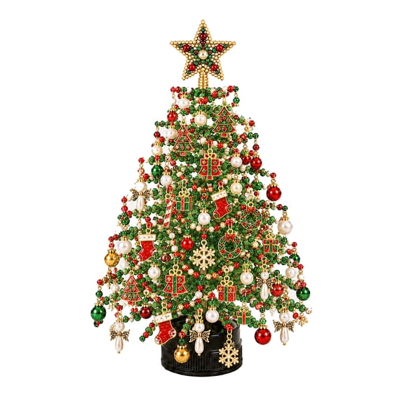 Clearance DIY Beaded Christmas Tree Kit, Crystal Holiday Craft Set for Adults, Colorful Beads, Ornament Charms, Metal Frame, Warm Glow Display, Tabletop Decor, Christmas Gift (Classic)