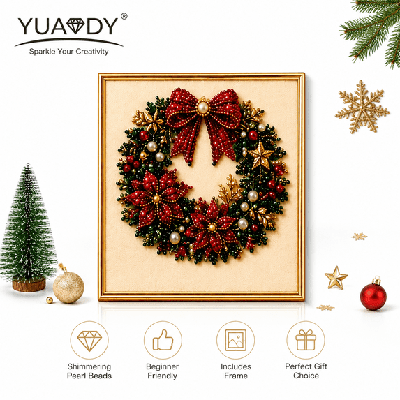 Clearance!DIY Christmas Pearl Diamond Painting Art Kit with Frame, Pearl Beads Art Craft for Adults Beginners