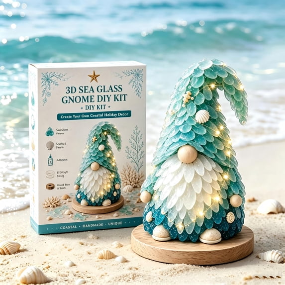 Clearance DIY Sea Glass Art for Adults, Lighted Christmas Seaglass Figurine, Christmas Glass Mosaic Decorations for Desktop Shelf, Gnome