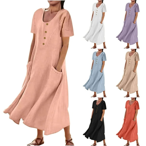 Danhjin Summer Dresses for Women Casual Maxi Dress Crew neck short Sleeve Swing Beach Casual Loose Vacation Dress with Pockets
