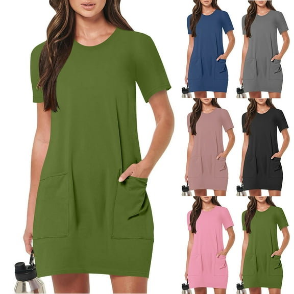 Danhjin Summer Dresses for Women Fashion Short Sleeve T Shirt Dress Solid Color Loose Cre W Neck Mini Dresses with Pockets Beach Vacation Clothes